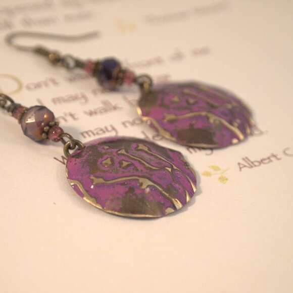 Brass Hand Embossed Earrings Purple Czech Glass Earrings Patina Brass Earrings - Picture 7 of 7